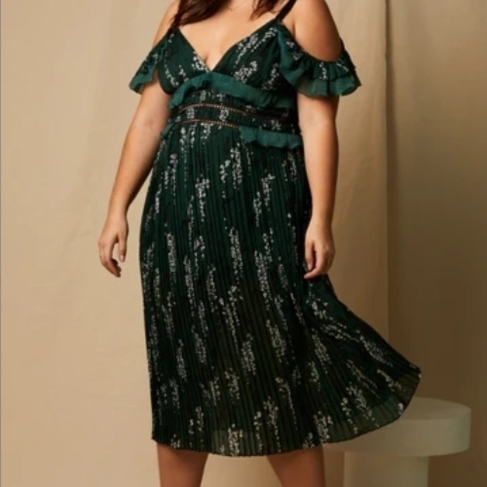 Chic Green Cold-Shoulder Midi Dress Size 16 XL NEW NWT